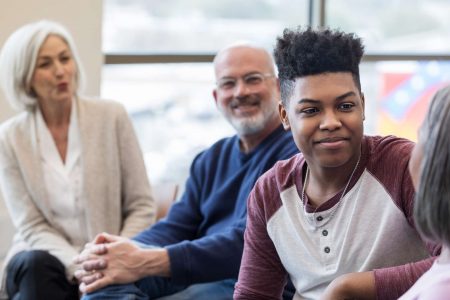 Camera focuses on teen respecting grandmother