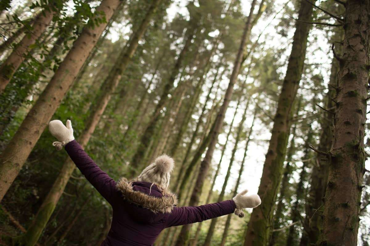 Woman standing in forest with arms wide open