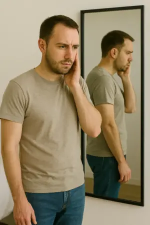 A man looking away from the mirror who is struggling with body dysmorphia and addiction.
