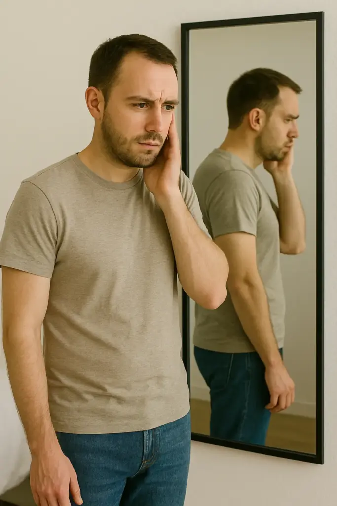 A man looking away from the mirror who is struggling with body dysmorphia and addiction.