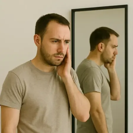 A man looking away from the mirror who is struggling with body dysmorphia and addiction.