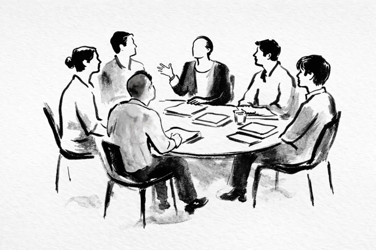 People in discussion around a table